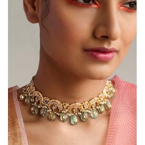 White Stone Pearl Gold Choker Necklace – Elegant Indian Wedding Jewelry | Lightweight Bridal Statement Necklace | Handmade Gift for Her