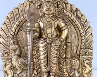9" Heavy Brass Lord Murugan Statue – Subramanya Swamy Kartikeya Idol for Pooja Room | Hindu God Figurine | South Indian Temple Decor