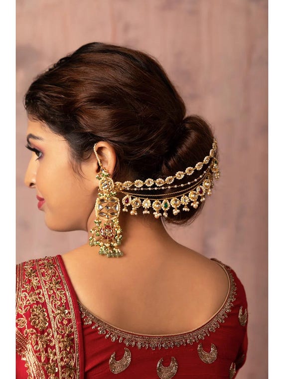Indian Bridal Maang Tikka Gold-Plated Kundan Red Green Stones Festive Jewelry Every bride deserves a maang tikka that feels as special as  main image 3
