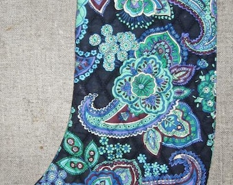Vera Bradley Blue Paisley Christmas Stocking - Quilted - Cute Little Pocket with Two Silver Bells on the Front - 17" - Perfect Condition