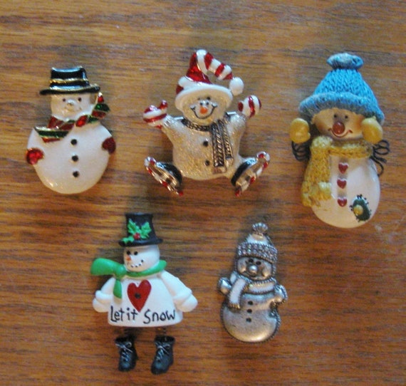 Five Snowman Winter Christmas Holiday Brooches Pi… - image 1