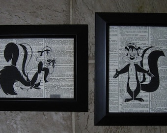Pepe Le Pew Skunk Vintage Dictionary Page Prints - Set of Two - 5" x 7" - Retro Cartoon Prints - Vintage Pepe Le Pew
