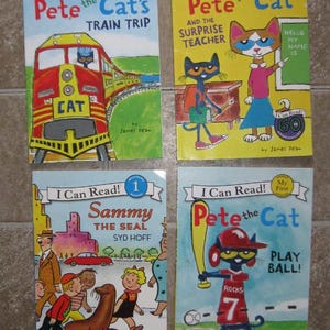 4 - I Can Read! Paperback Books - Sammy the Seal, Pete the Cat Play Ball, Pete the Cat and the Surprise Teacher, Pete the Cat&#39;s Train Trip