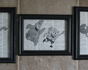 3 - SpongeBob, Patrick, Mr. Krabs, Squidward Vintage Dictionary Page Prints - 5" x 7"