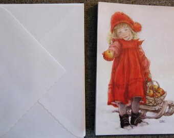 Two Vintage Lisi Martin Christmas Cards - The Little Apple Girl - Set of 2 cards and 2 envelopes - Printed in Sweden