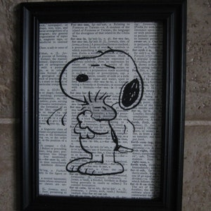 Peanuts Snoopy Hugging Woodstock - Print on Vintage Dictionary Page - 5&quot; x 7&quot;