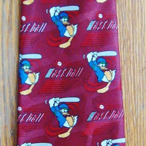 Disney Donald Duck - Men&#39;s 100% silk Necktie - Donald Duck Playing Baseball - Design on Dark Maroon Background - Perfect Condition
