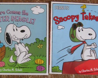 Two Vintage Children's Snoopy Books - Here Somes the Easter Beagle and Snoopy Takes Off! by Charles M. Schulz -Paperback Books