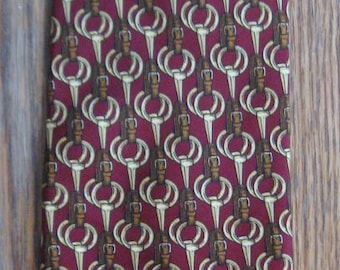 Lord & Taylor 100% Silk Men's Necktie - Classic Design of Gold and Brown on a Dark Maroon Background -Looks like Equestrian Theme?