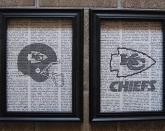 2 - Kansas City Chiefs Football Prints on Vintage Dictionary Pages - 5" x 7"