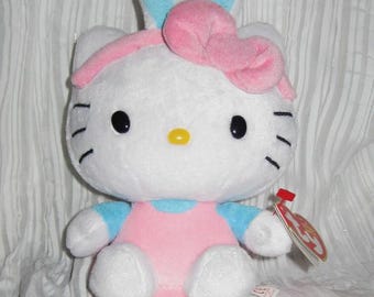 Ty Beanie Baby - Hello Kitty -Dressed in Pink and Blue with Bunny Ears --Original Tag - Collectible Beanie - Cat Plush