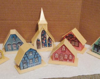Vintage Set of Seven Plastic Houses and Church - Alpine Village Christmas Houses