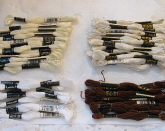 44 Skeins of DMC and American Thread Co. Embroidery Cotton Floss - Different Shades of White and Dark Brown - DMC Made in France