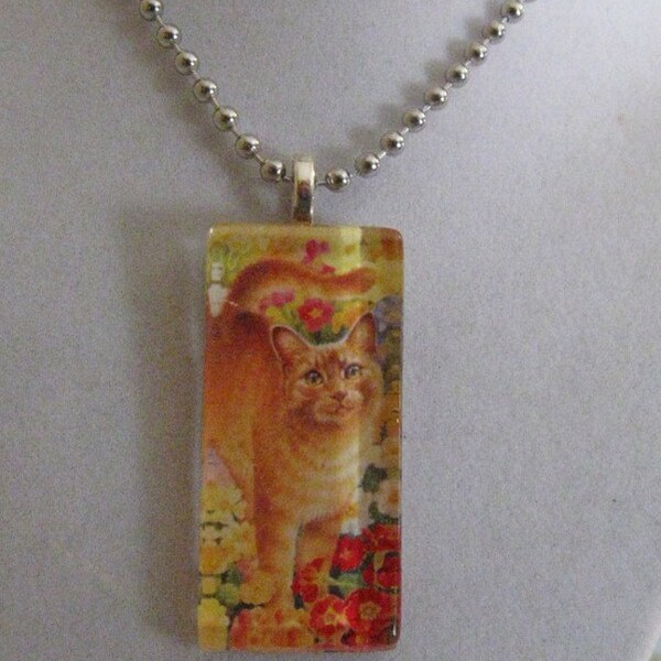 Lesley Anne Ivory Art Orange Cat Glass Pendant Necklace -