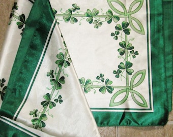 Vintage Scarf - Green Clovers on White - 12" x 52" - Long and Narrow Polyester Scarf