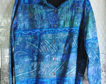Chico's Women's Jacket - Size 3 - Pretty Abstract Design in Shades of Blue - Embroidered Silver Threading and Tiny Black Beading