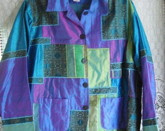 Coldwater Creek Women's Jacket - Size XL - Classic Patchwork Pattern in Shades of Blue, Purple, and Green - Perfect Condition