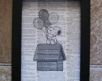 Peanuts Snoopy with Balloons on his Doghouse- Print on Vintage Dictionary Page - 5" x 7"