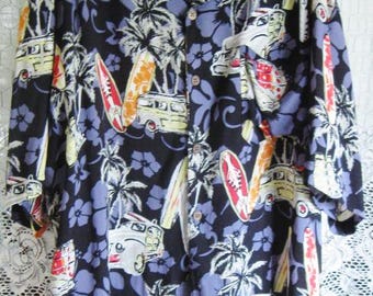 Men's Caribbean Joe Hawaiian Shirt - Vintage - Size XL - Design of Surf Boards, Dune Buggies, Palm Trees - 100% Rayon - Perfect Condition