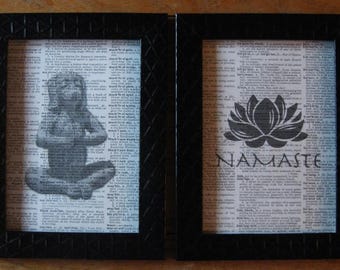 Meditating Dog Namaste Vintage Dictionary Page Prints - Set of 2 - 5" x 7" - Lotus Namste Print