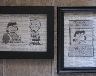 Charlie Brown and Lucy Vintage Dictionary Page Prints - Set of Two - 5" x 7" - The Doctor is In and Lucy with Football
