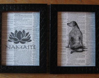 Yoga Dog Namaste Vintage Dictionary Page Prints - Set of 2 - 5" x 7" - Dog Yoga Wall Decor