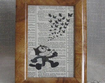 Felix the Cat Framed Print - Vintage Dictionary Print - 7 1/2" x 5 1/2" - Shiny Lacquer Frame with Wood Grain Design