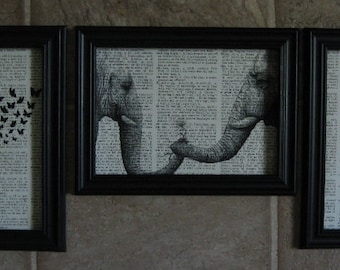 3 - Elephants - Vintage Dictionary Page Prints  -  5" x 7"