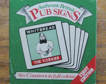 Vintage 5 Authentic British Pub Coasters - First Edition - Original Box -  Morlands', Earl of Warwick, Sole Bay Inn, Whitbread, The Bull