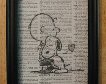Peanuts Snoopy and Charlie Brown - Print on Vintage Dictionary Page - 5" x 7"