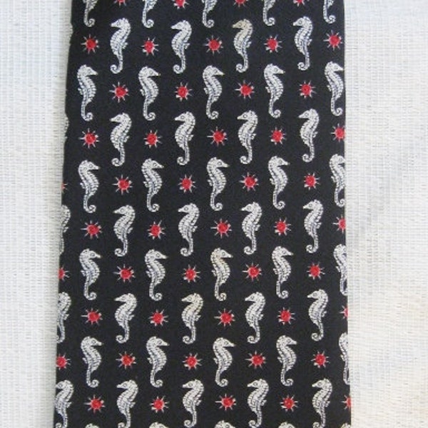 Men's Silk Necktie - Tiny Seahorses on Black Background - Made in the USA
