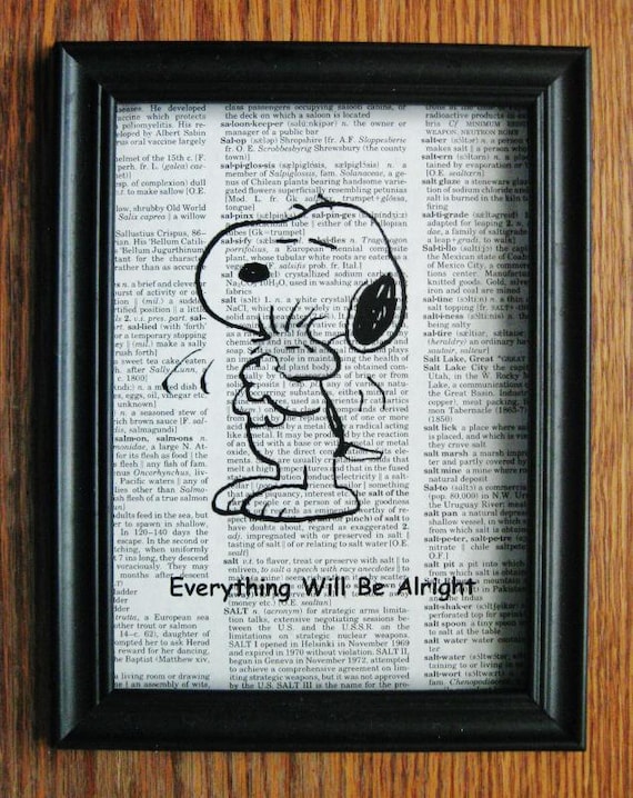 Peanuts Snoopy Hugging Woodstock - "Everything Will Be Alright" - Print on Vintage Dictionary Page - 5" x 7"