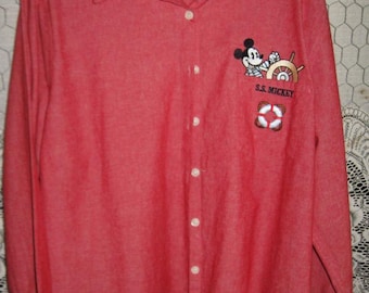 Women's Vintage Disney Mickey Mouse Long Sleeve Red Blouse - 100% Cotton - Size XL - Mickey Mouse Embroidered on Front - Perfect Condition