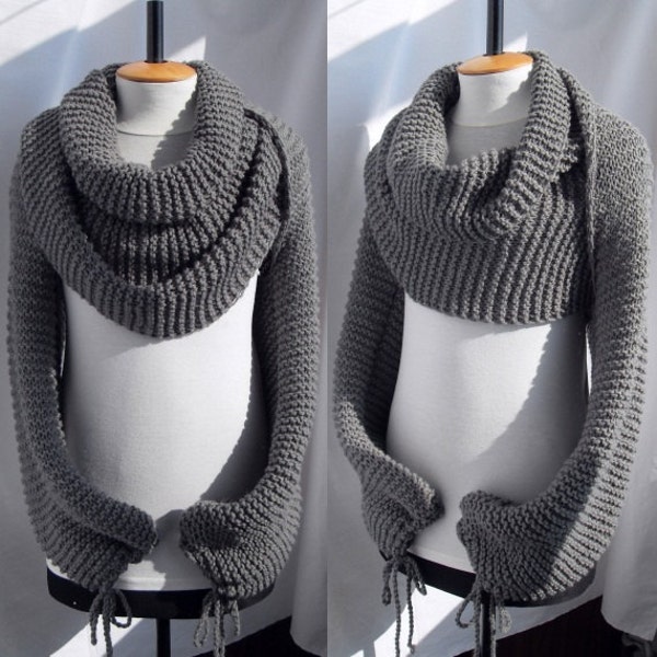 Bolero sweater Scarf Shawl with sleeves at both ends in grey.  FREE WORLDWIDE SHIPPING