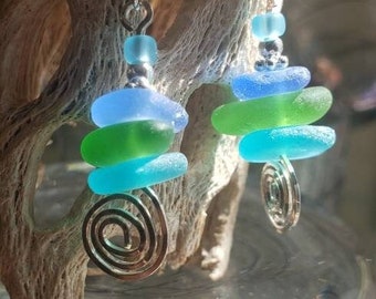 Sea spiral genuine aqua cornflower and Kelly green sea glass beach glass and sterling silver earrings