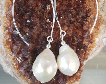 Large baroque tear drop freshwater  pearl earrings,big flameball white pearl earrings 925 sterling silver white pearl earrings long earrings