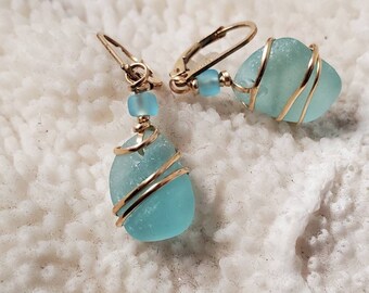 Genuine vibrant aqua sea glass beach glass  14 karat gold filled lever back hoops and wire for a secure every day wear