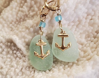 Anchor earrings genuine seafoam seaglass beach glass  14ct gold filled anchor charms, wire and leverback hoops  for secure every day wear