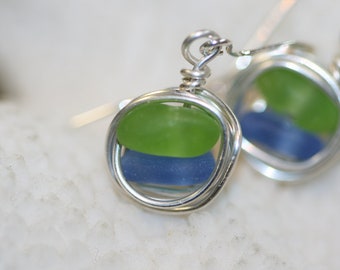 cornflower blue and lime green  beach sea glass 925 sterling silver wire wrapped dangling earrings