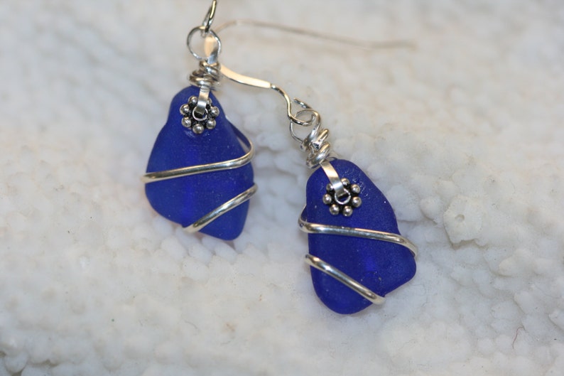 Wire Wrapped Cobalt blue sea glass beach glass earrings sterling silver image 3