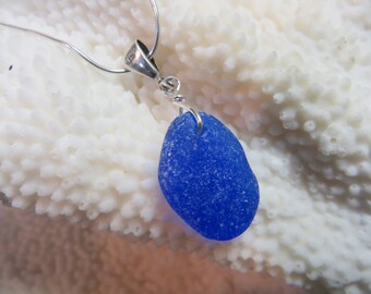 Cobalt blue genuine sea glass beach glass necklace and sterling silver chain nautical necklace