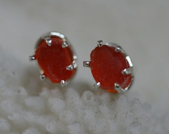 EXTREMELY  RARE  ORANGE  beach sea glass 925 sterling silver  studs post earrings