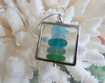 cosmopolitan collection square sea glass beach glass pendant in sterling silver No2 cobalt aqua cornflower sea glass