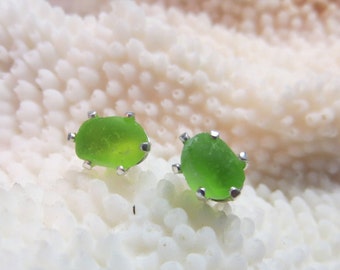 RARE genuine green peridot  beach sea  sea glass 925 sterling silver  studs post earrings lime green sea glass earrings small sea glass