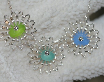 Genuine blue aqua and lime green sea glass filigree flower necklace and sterling chain