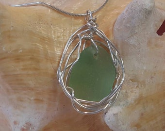 genuine sea foam  sea glass sterling silver wire wrapped pendant  and sterling silver chain. Beach Wedding. nautical necklace snake chain