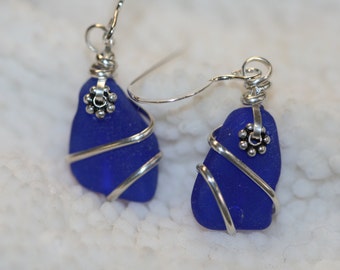 Wire Wrapped Cobalt blue sea glass beach glass earrings sterling silver