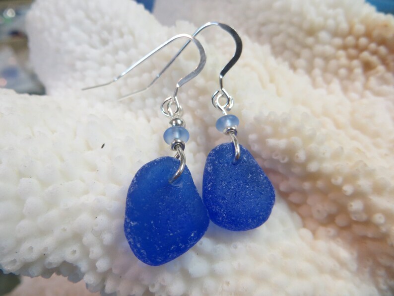 Genuine cobalt blue sea glass beach glass earrings sterling silver hand made earrings nautical jewelry surf tumbled image 2