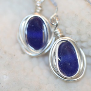 RARE dark blue beach sea glass 925 sterling silver wire wrapped dangling earrings