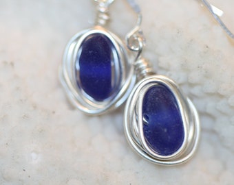 RARE dark blue beach sea glass 925 sterling silver wire wrapped dangling earrings